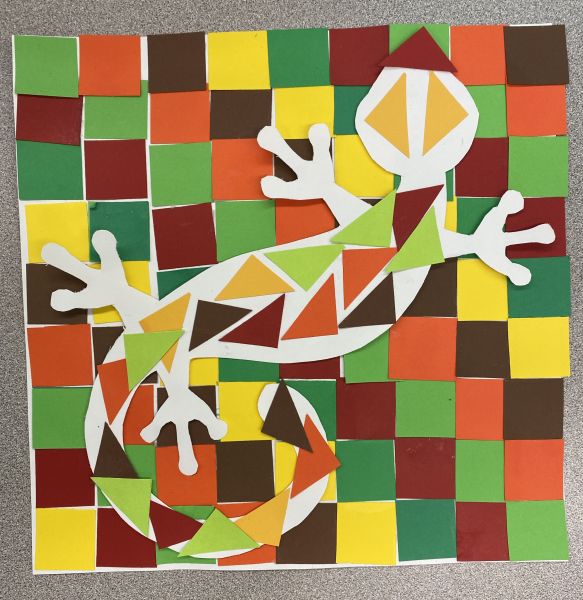 lizard camouflage over mosaic design from cut paper