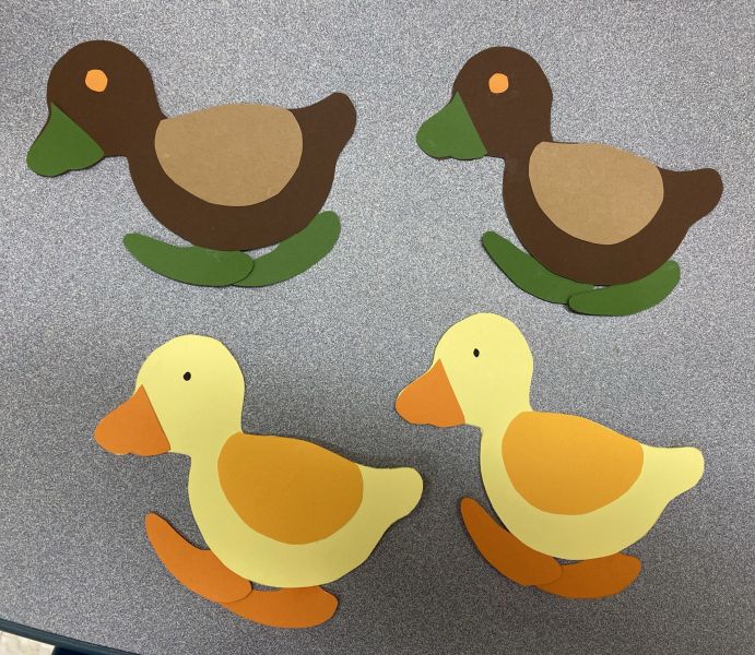 yellow and orange ducks, tan and brown ducks from cut paper